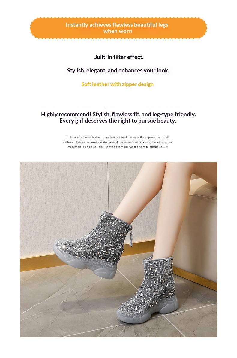 Scarpe con tacco alto ShoeGlobe da donna, nuovo design di nicchia per autunno e inverno, a metà polpaccio, foderate in pile, alla moda, in cotone versatile con paillettes_voghion.com