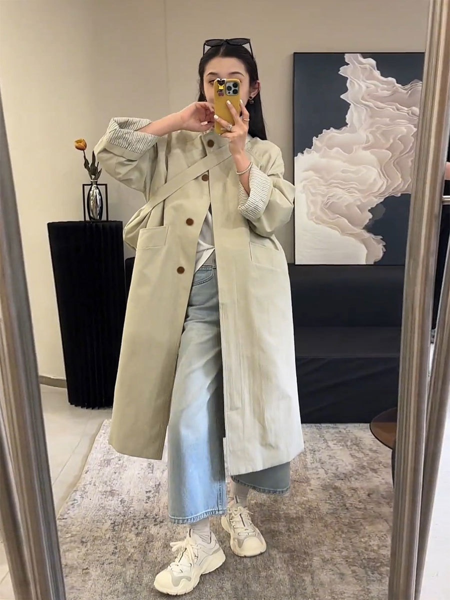 Damenbekleidung Damenbekleidung Damenbekleidung Eleganter, einreihiger Trenchcoat mit Stehkragen in mittlerer Länge, hochwertiger koreanischer Stil, locker geschnitten_voghion.com