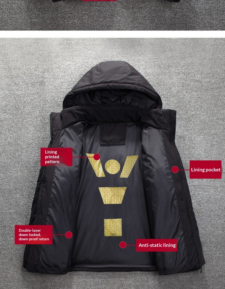 Kurtka chłopięca krótka, pogrubiona, nowa, stylowa, młodzieżowa, luźna, 50% białego puchu kaczego, męska, z kapturem, zimowa odzież_voghion.com