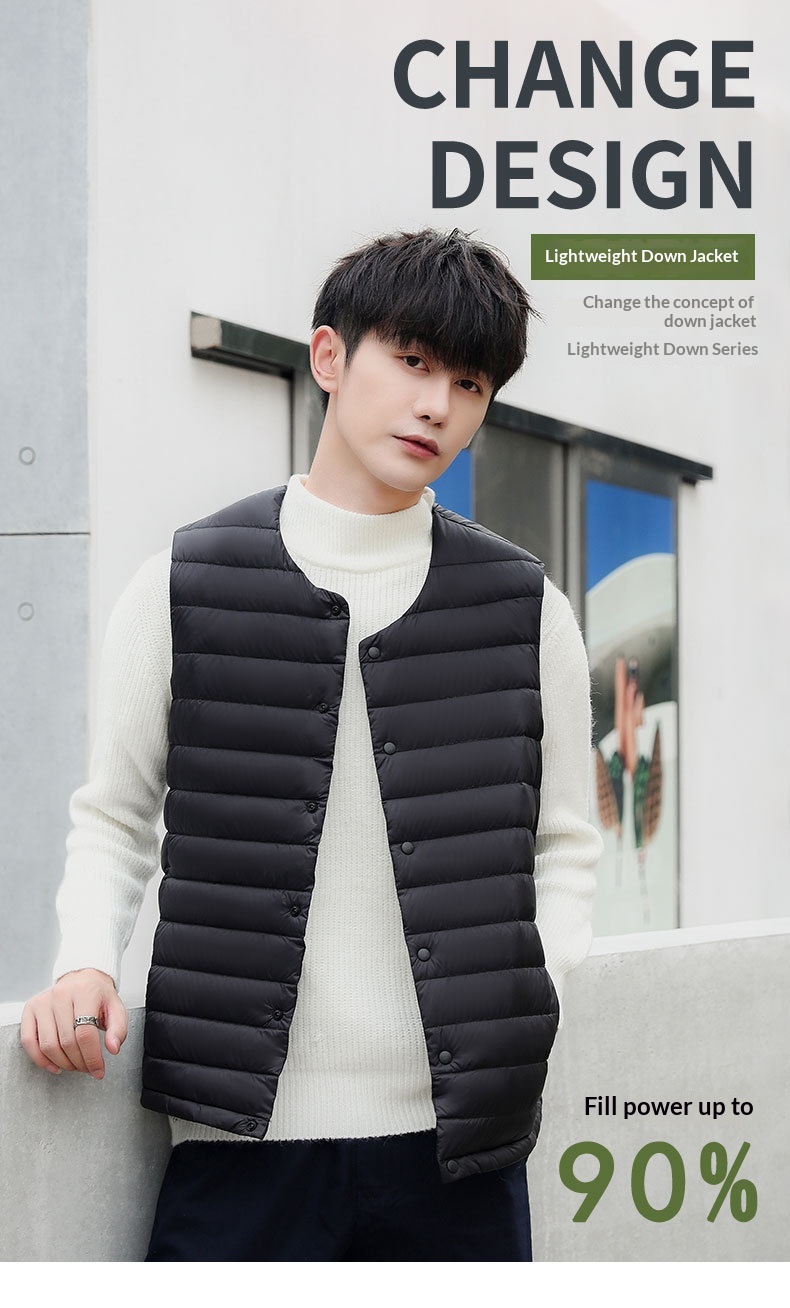 boy Pinghu Chixin 90% Fleece Solid Color New Men's V-Neck Round Neck Vest Down Jacket Large Size Coat_voghion.com