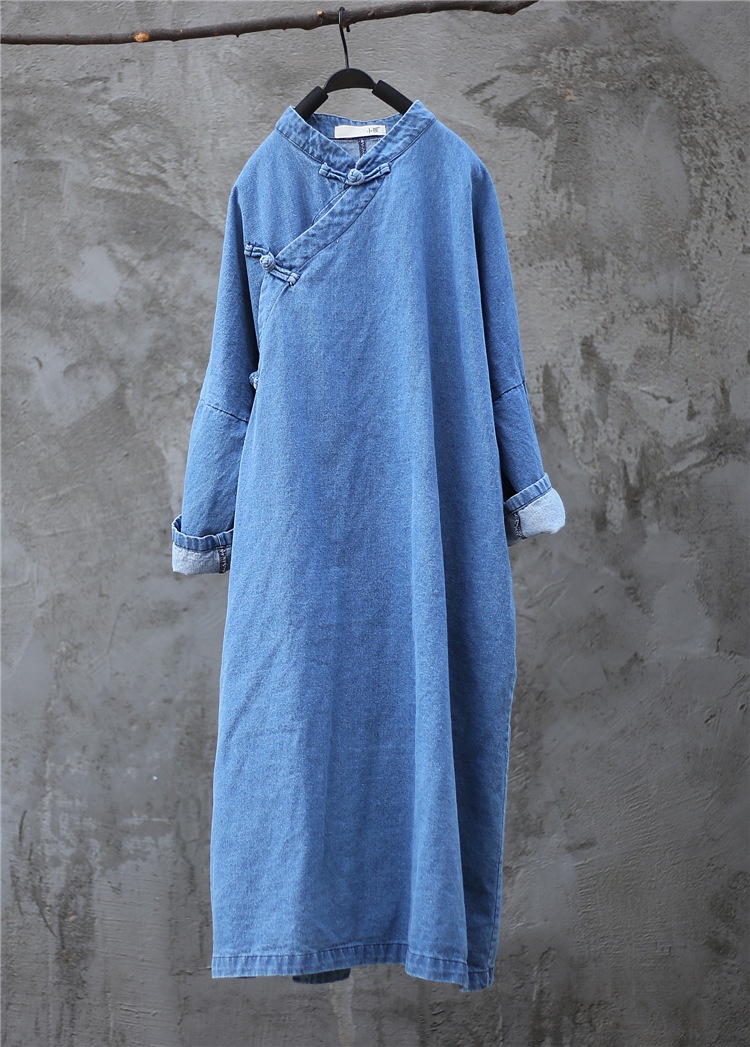 Damen Asymmetrischer, geknöpfter, langer, lockerer Denim-Trenchcoat im Zen-Stil, Vintage-Look, einfarbig_voghion.com