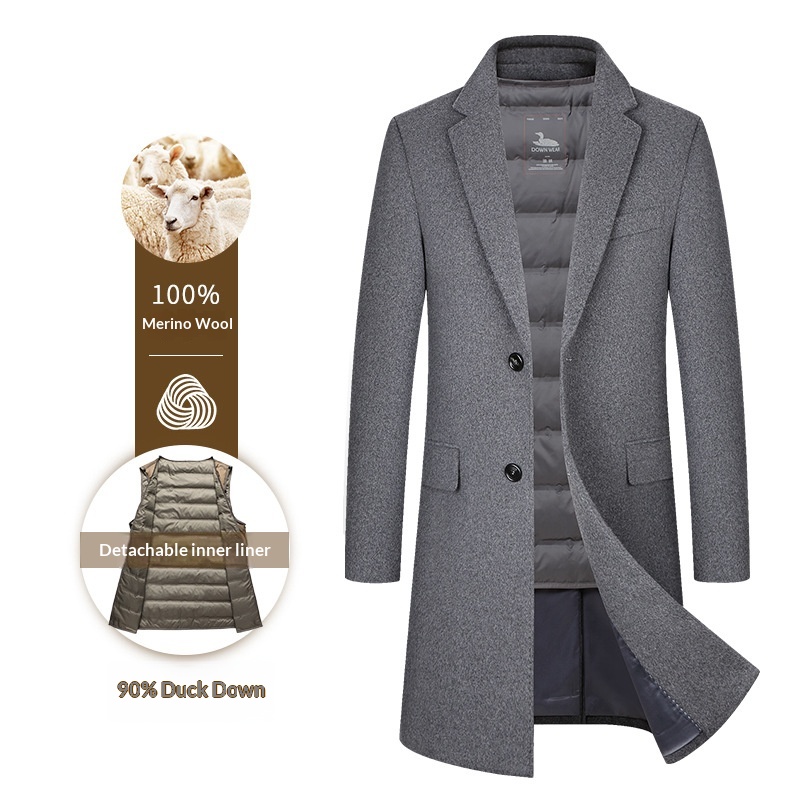 Trench-coat mi-long en laine pour homme, 100 % coton, intérieur en duvet de canard, idéal pour l'automne et l'hiver._voghion.com
