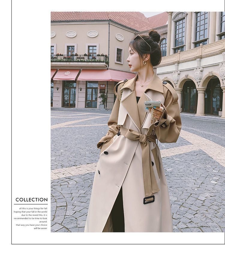 Modischer, eleganter Trenchcoat für Damen, mittellang, Herbst 2022, neuer Stil, Farbblock-Design, Overknee-Schnitt_voghion.com