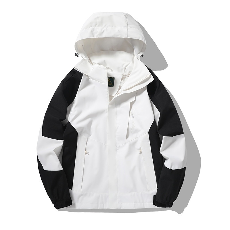 Veste de randonnée imperméable et coupe-vent pour femme, color block, avec capuche amovible. Modèle unique._voghion.com