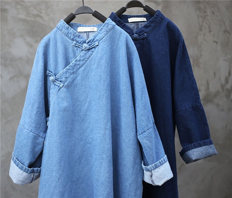 Damen Asymmetrischer, geknöpfter, langer, lockerer Denim-Trenchcoat im Zen-Stil, Vintage-Look, einfarbig_voghion.com