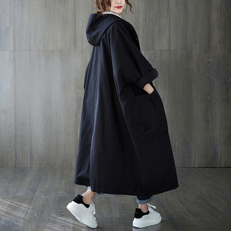 2024 Autumn New Artistic Loose Plus Size Over-the-Knee Long Large Pocket Trench Coat For Women With Hooded Commuter Casual_voghion.com