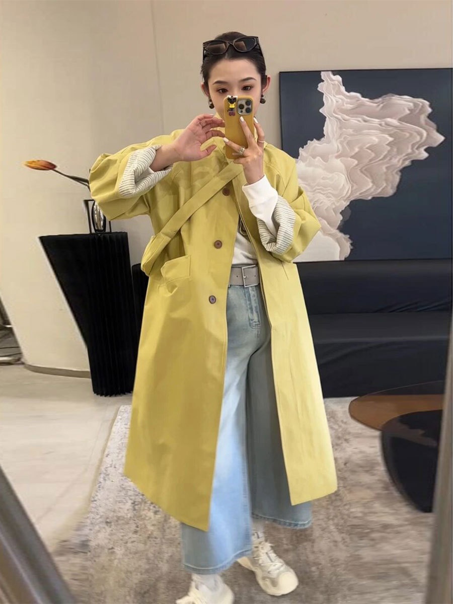 Damenbekleidung Damenbekleidung Damenbekleidung Eleganter, einreihiger Trenchcoat mit Stehkragen in mittlerer Länge, hochwertiger koreanischer Stil, locker geschnitten_voghion.com