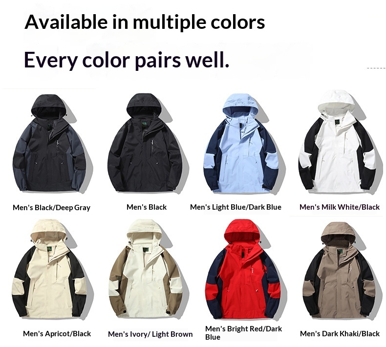 Veste de randonnée imperméable et coupe-vent pour femme, color block, avec capuche amovible. Modèle unique._voghion.com