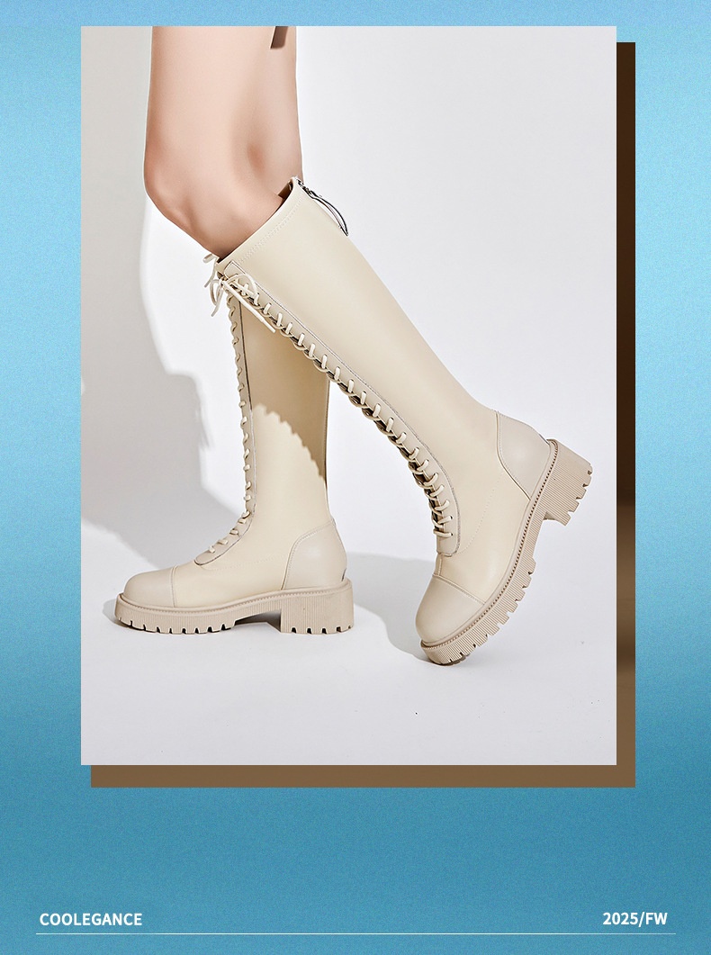 ShoeGlobe Women's Riding Autumn Winter 2025 New High Tube Casual Genuine Leather Long Boots British Style Thick Heel Fleece Lined_voghion.com