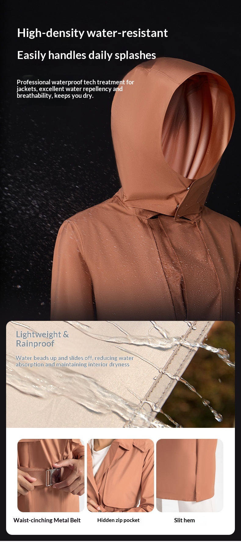 Women's Autumn Winter New Hooded Turn-down Collar Long Trench Coat Waist Slimming Windproof Waterproof Breathable Outdoor Casual_voghion.com