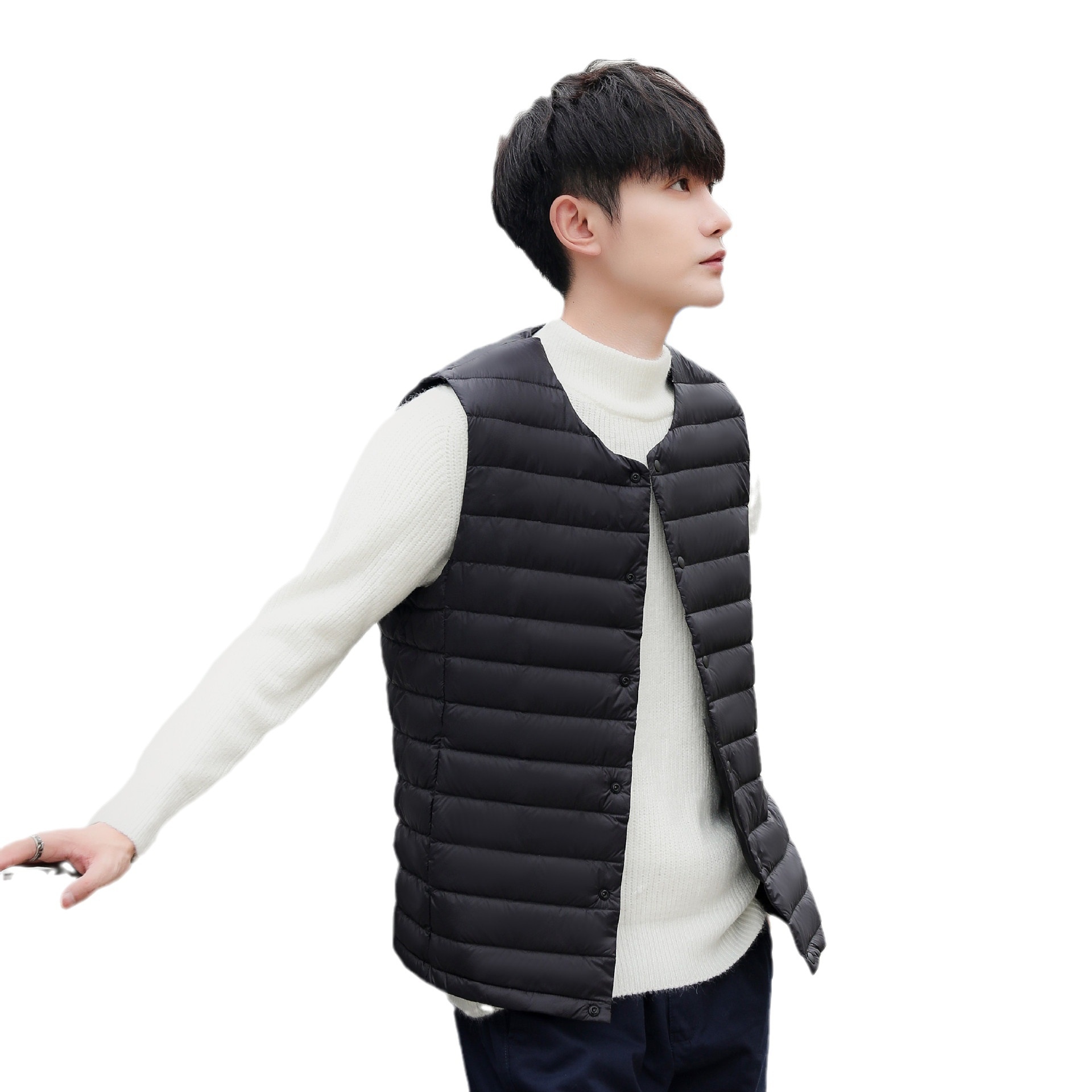 boy Pinghu Chixin 90% Fleece Solid Color New Men's V-Neck Round Neck Vest Down Jacket Large Size Coat_voghion.com
