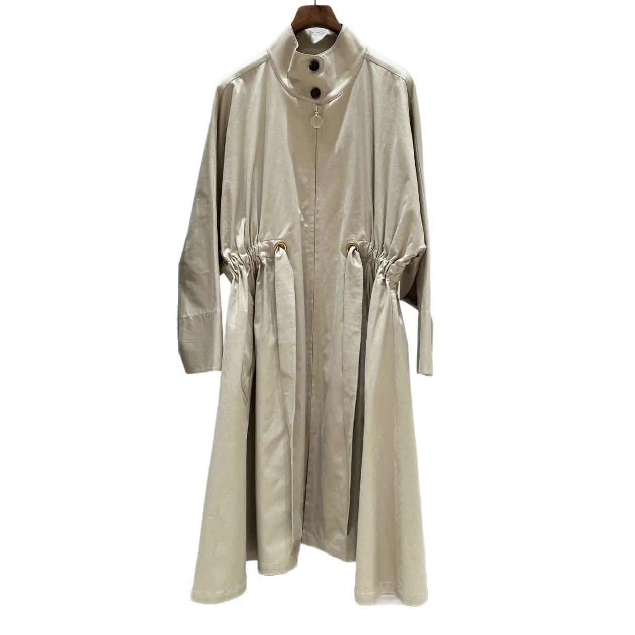 Women's Clothing In Stock Xiaohefeng Spring And Autumn Loose Drawstring Stand Collar Casual Simple Mid-Length Trench Coat F_voghion.com