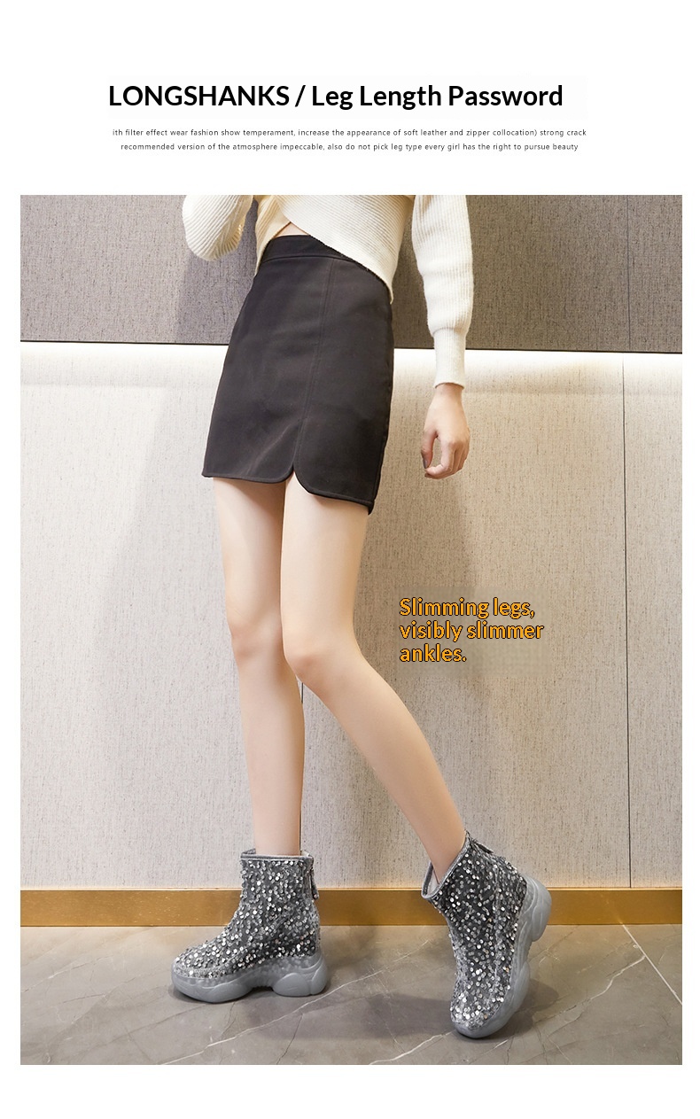 Scarpe con tacco alto ShoeGlobe da donna, nuovo design di nicchia per autunno e inverno, a metà polpaccio, foderate in pile, alla moda, in cotone versatile con paillettes_voghion.com