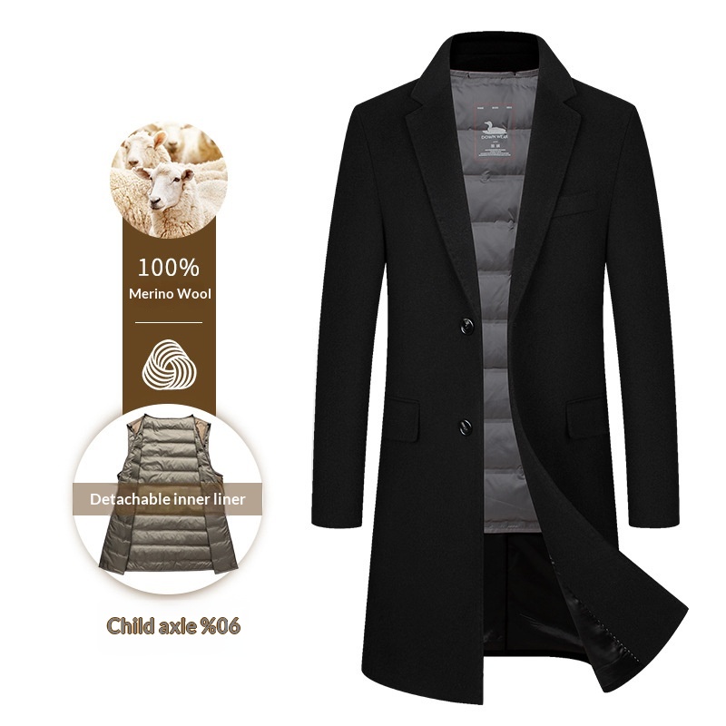 Trench-coat mi-long en laine pour homme, 100 % coton, intérieur en duvet de canard, idéal pour l'automne et l'hiver._voghion.com
