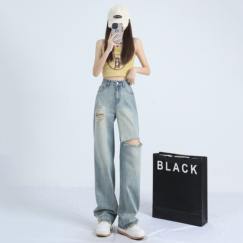 girl Vintage Ripped Thin High-Waisted Wide-Leg Jeans For Women Loose Summer New Slimming Niche Design Floor-Length Pants_voghion.com