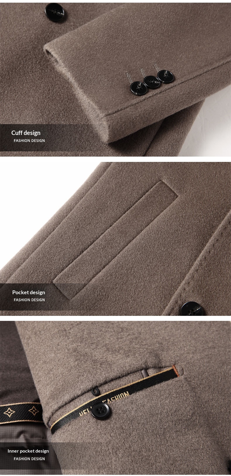 Manteau long d'automne-hiver pour homme, 100 % laine, col à revers pointus, doublure amovible en duvet d'oie, idéal pour les jeunes professionnels d'âge mûr. Chaud et confortable._voghion.com