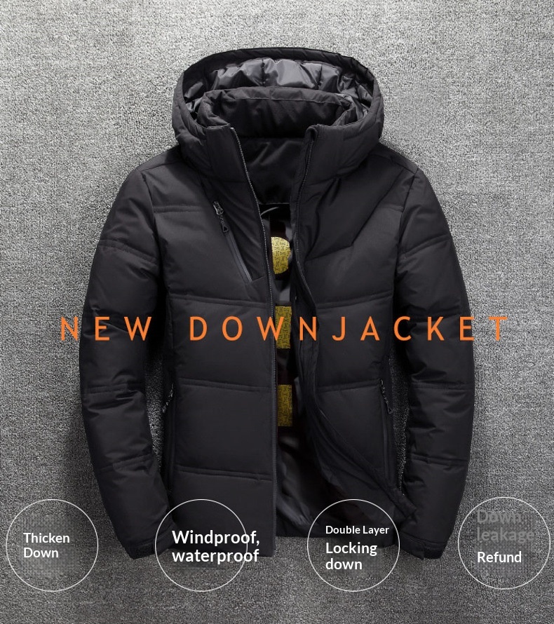 Kurtka chłopięca krótka, pogrubiona, nowa, stylowa, młodzieżowa, luźna, 50% białego puchu kaczego, męska, z kapturem, zimowa odzież_voghion.com