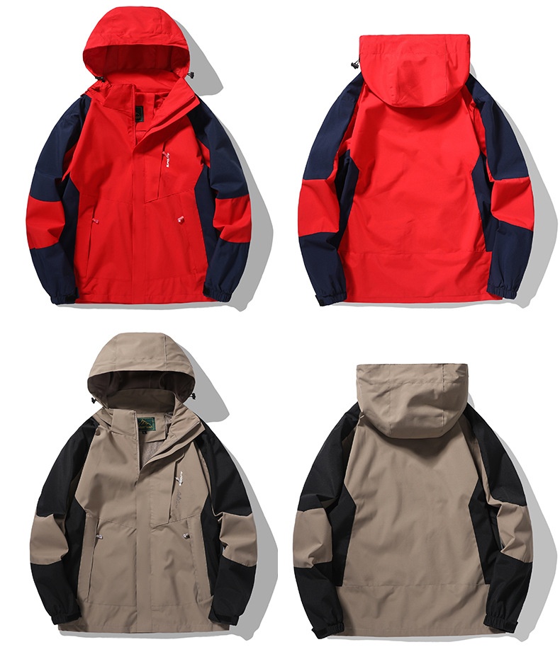 Veste de randonnée imperméable et coupe-vent pour femme, color block, avec capuche amovible. Modèle unique._voghion.com