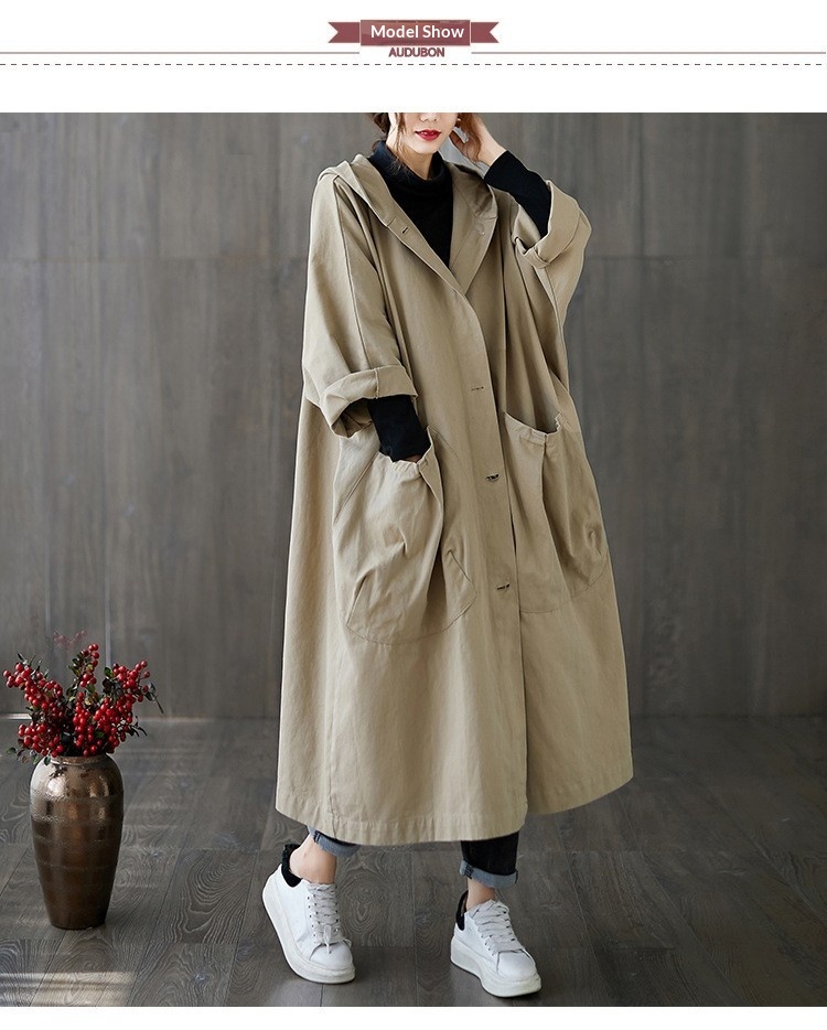 2024 Autumn New Artistic Loose Plus Size Over-the-Knee Long Large Pocket Trench Coat For Women With Hooded Commuter Casual_voghion.com