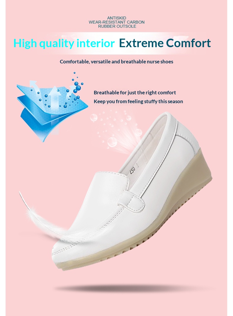 ShoeGlobe Nurse Weiße Damen-Schuhe mit Luftpolsterung, weich, bequem, atmungsaktiv, rutschfest, dicke Sohle, versteckter Keilsohle, ideal für Frühling und Sommer_voghion.com