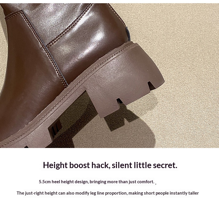 Bottes d'équitation mi-mollet polyvalentes ShoeGlobe, en cuir véritable à semelle épaisse, rehaussantes et élastiques, pour l'automne et l'hiver._voghion.com