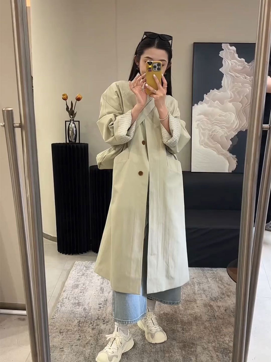 Damenbekleidung Damenbekleidung Damenbekleidung Eleganter, einreihiger Trenchcoat mit Stehkragen in mittlerer Länge, hochwertiger koreanischer Stil, locker geschnitten_voghion.com