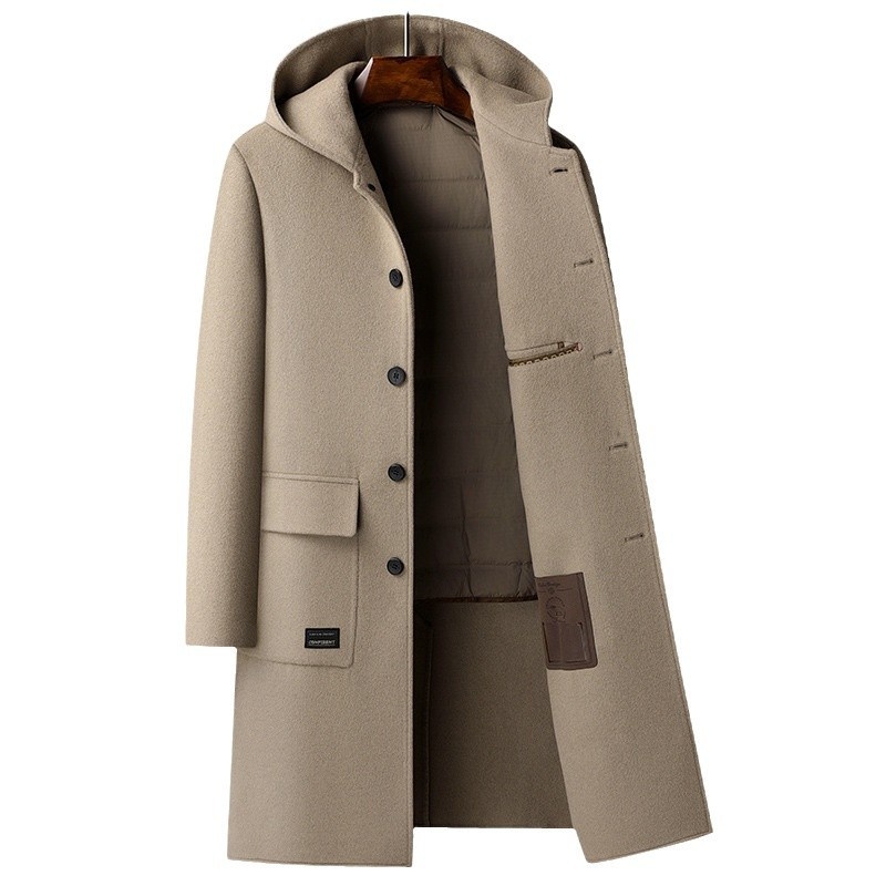 Trench-coat long homme en laine 100 % pour l'automne et l'hiver, à capuche double face et doublure en duvet._voghion.com