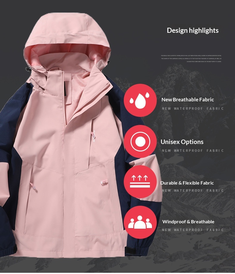 Veste de randonnée imperméable et coupe-vent pour femme, color block, avec capuche amovible. Modèle unique._voghion.com