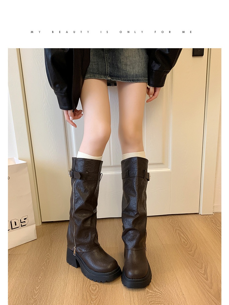 ShoeGlobe Damen-Reitstiefel im postapokalyptischen Stil mit dicker Sohle, runder Zehenpartie und langem Schaft, Xinjiang-Stil, neue schwarze, figurformende Sommer-Reitstiefel_voghion.com