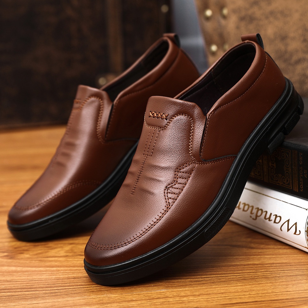 Glide Men's 2023 Autumn New Slip-On Casual Soft Sole Dad Flat Middle-Aged Leather Shoes_voghion.com