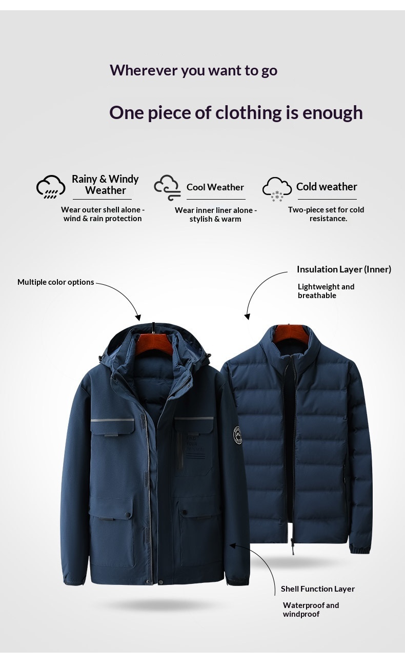 ActiveGo Men's With Down Liner, Women's Waterproof Hiking Jacket, 3-in-1 Softshell Jacket_voghion.com