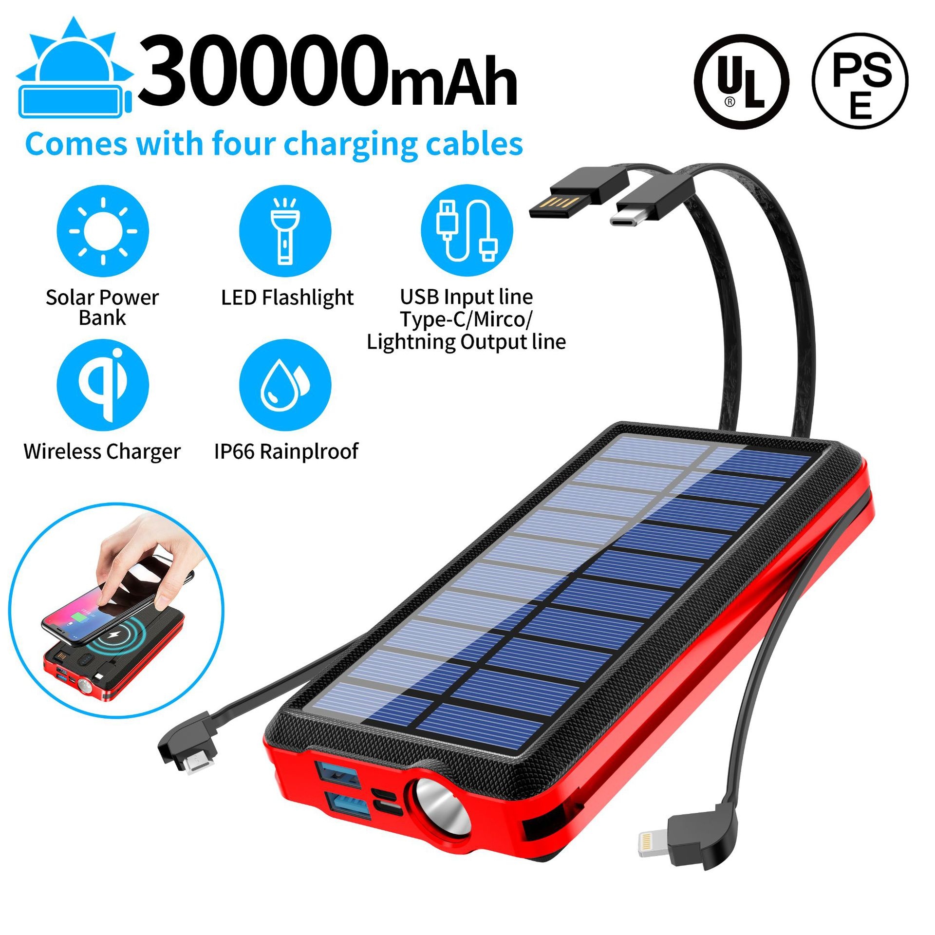 Comes With 4-Wire Solar Power Bank 30000mAh Wireless Large Capacity Two-Way Fast Charging Portable Charger CE_voghion.com