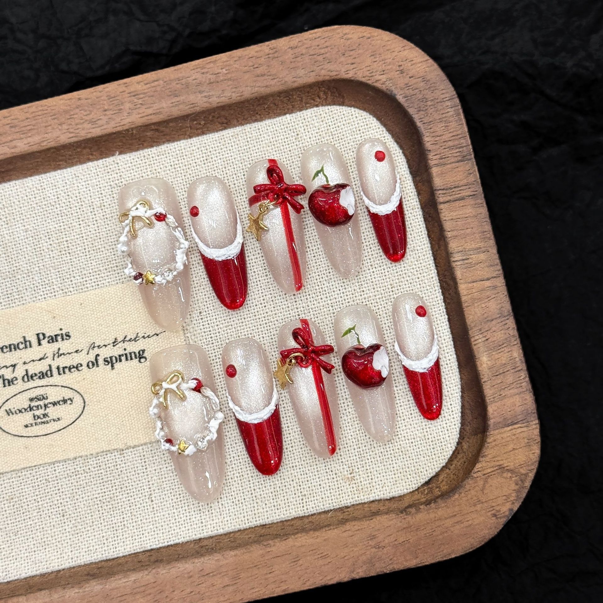 Yihe Gift Christmas Wreath Ancora Red Cat Eye Bowknot French Manicure Wearable Nails_voghion.com