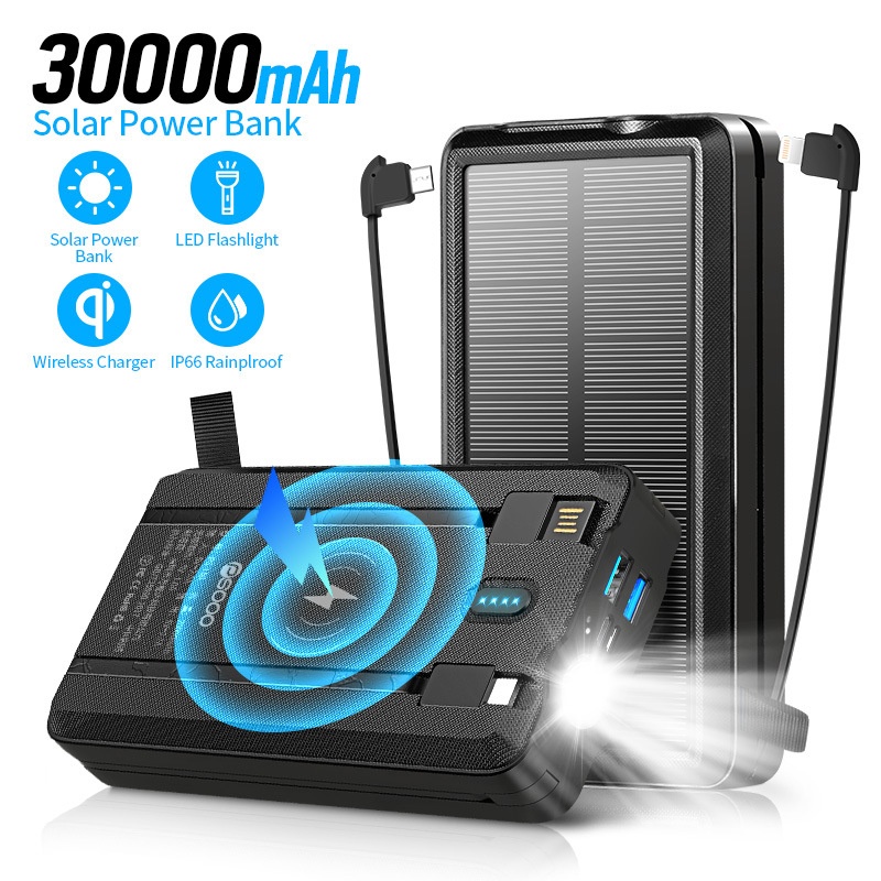 Comes With 4-Wire Solar Power Bank 30000mAh Wireless Large Capacity Two-Way Fast Charging Portable Charger CE_voghion.com