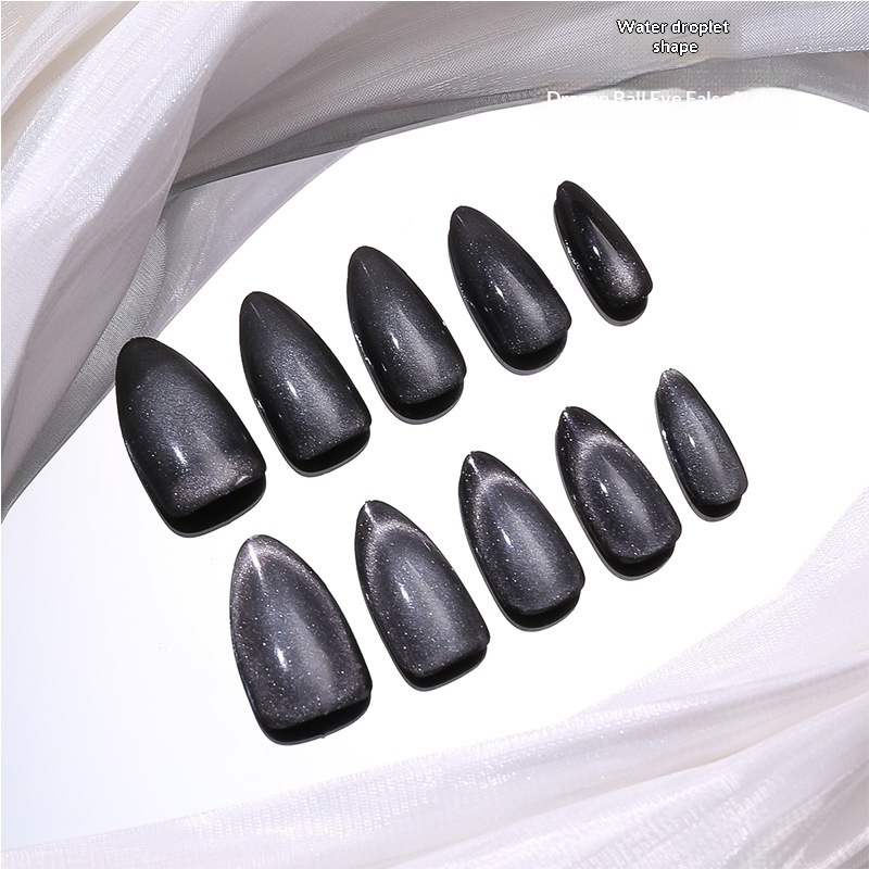 Xiaohongshu Wearable Nails Black Almond European And American Solid Color Dragon Ball Cat Eye 30 Pieces Flashy French_voghion.com