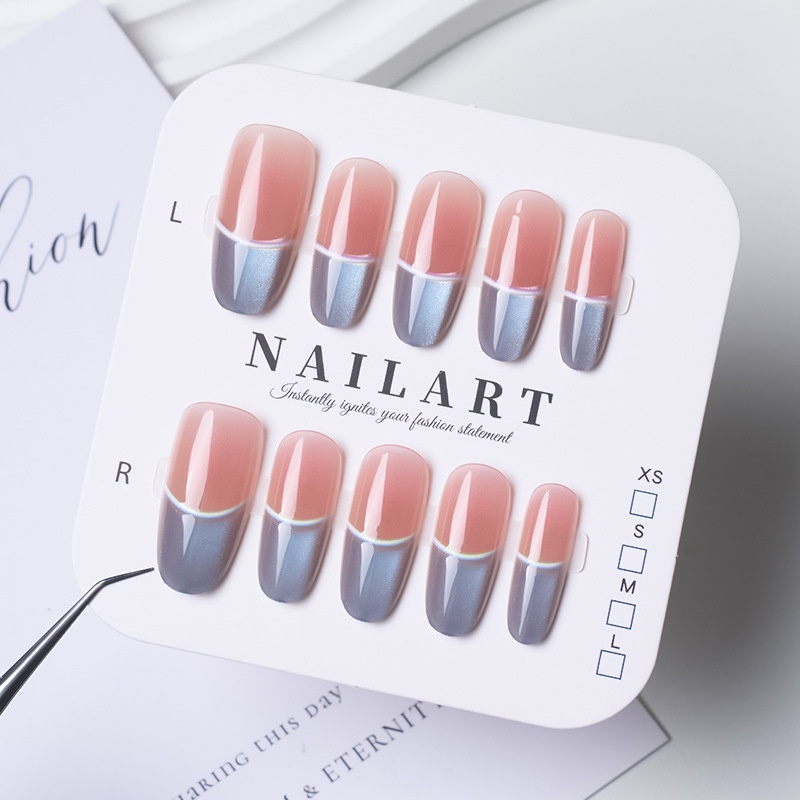 Sapphire Blue French Cat Eye Handmade Wearable Nails High-End Ins Style Pure Desire Art Detachable Pre-Made Nail Strips_voghion.com