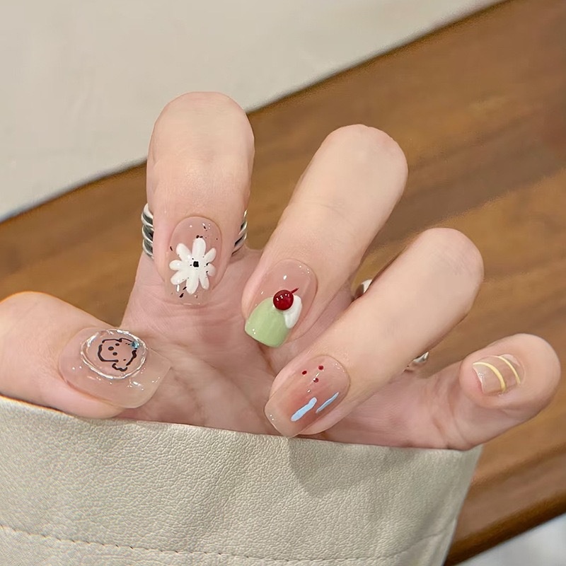 Summer Cherry Blossom Wearable Nails Melon Ice Cream Cute Short Cartoon Simple Ins Style Student Nail Art_voghion.com