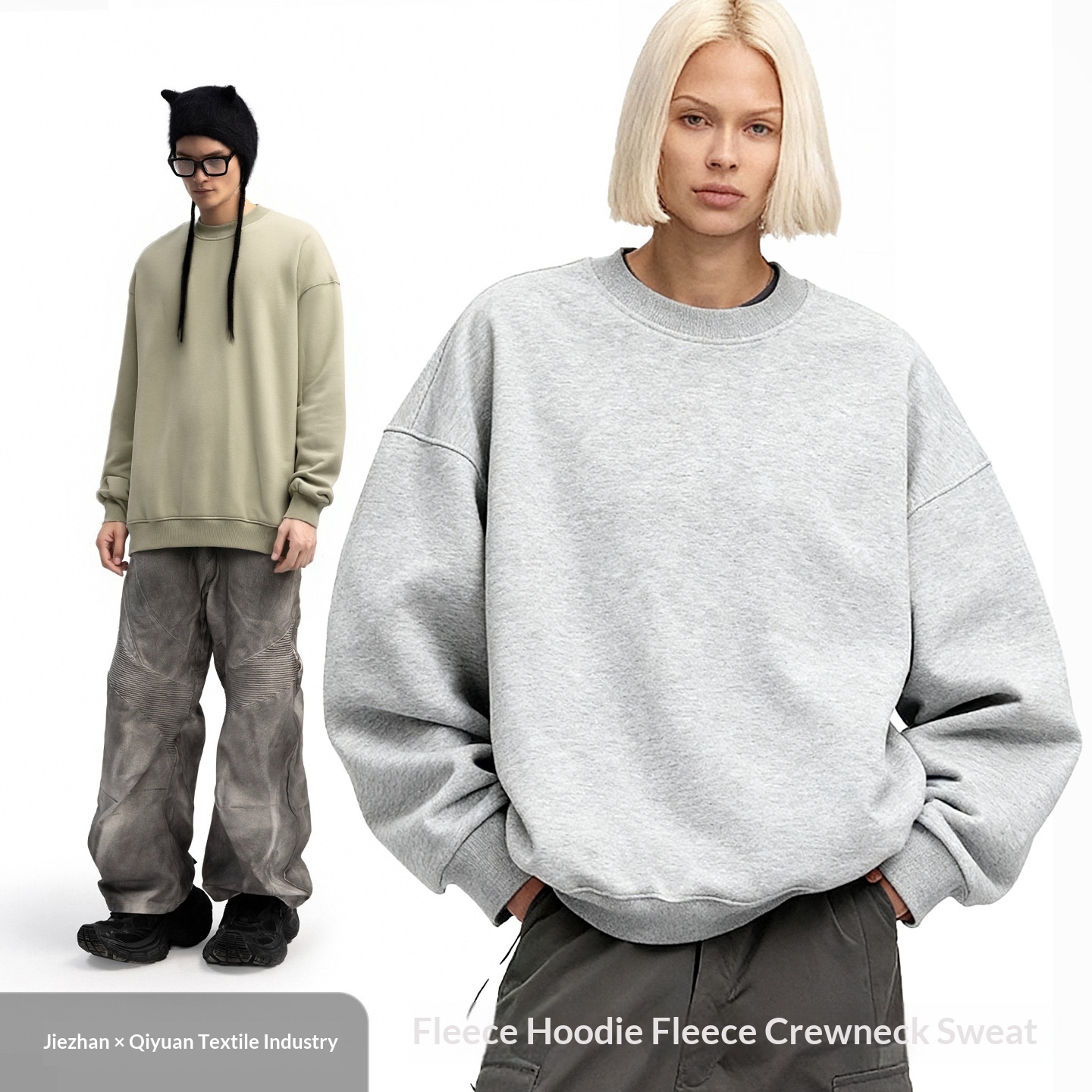 Pure Jie Zhan Men's Clothing|Polar Fleece Crewneck 25 Winter New American Street Style Solid Color Fleece-Lined Sweatshirt_voghion.com