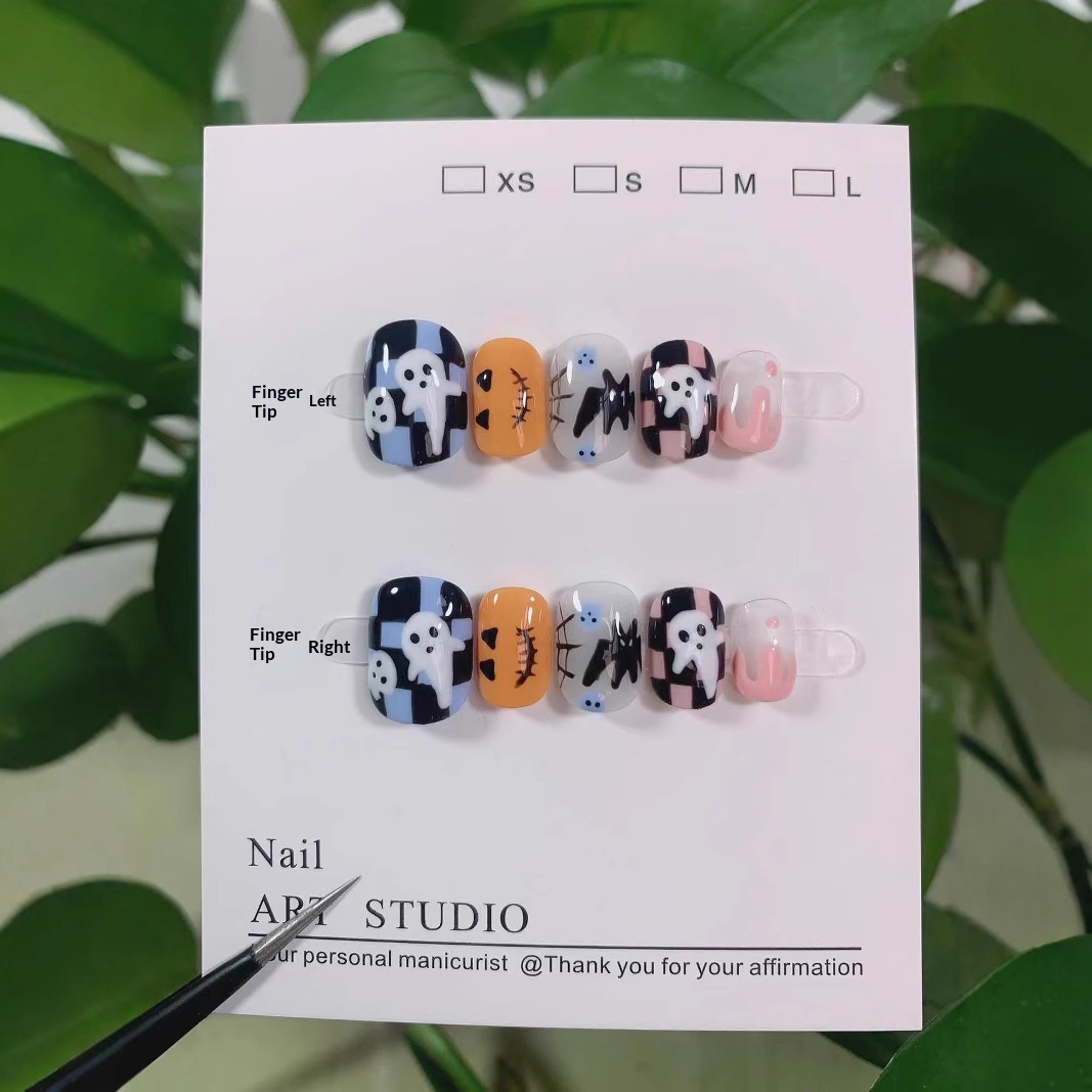 Hand-painted Halloween Handmade Wearable Nails Pumpkin Ghost Art Short Style High-end Detachable Nail Tips Finished_voghion.com