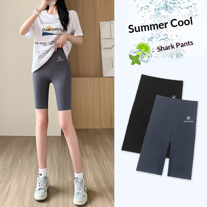 Zomerse Shark Skin Legging voor dames, dunne hoge taille, heuplift, buikcontrole, rekbare plus size, middellange yogabroek_voghion.com