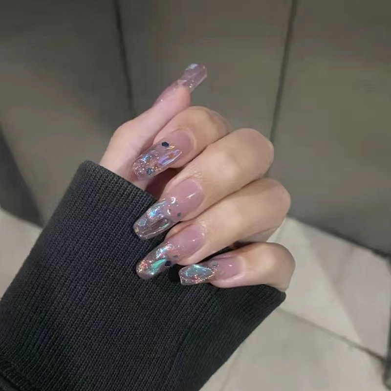 Wen Jingling Same Style Wearable Sparkling Crushed Diamond Art Finished Detachable Nails Long Nail Tips Stickers_voghion.com