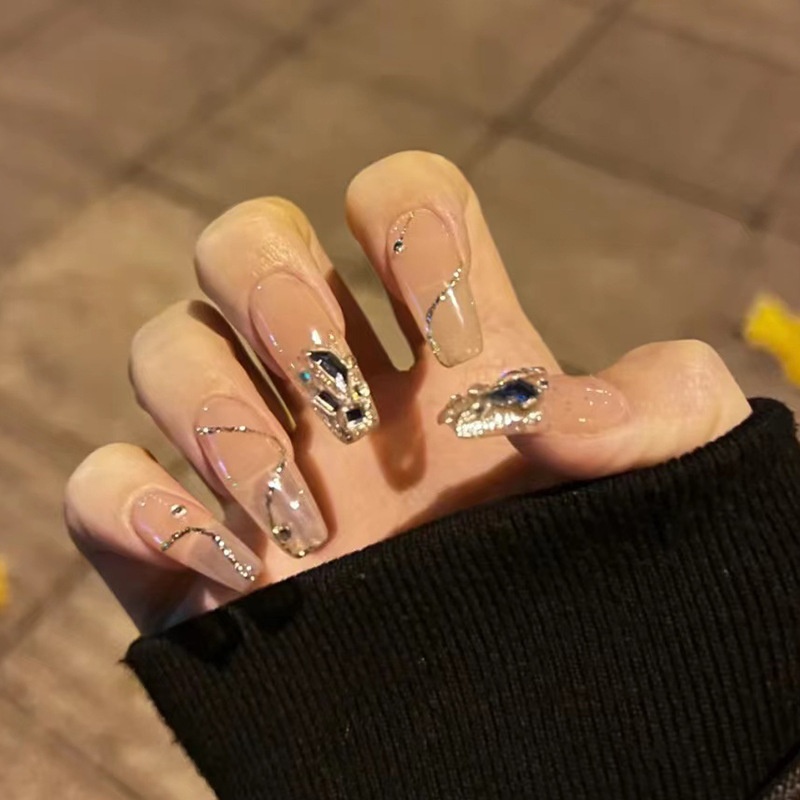 Wen Jingling Same Style Wearable Sparkling Crushed Diamond Art Finished Detachable Nails Long Nail Tips Stickers_voghion.com