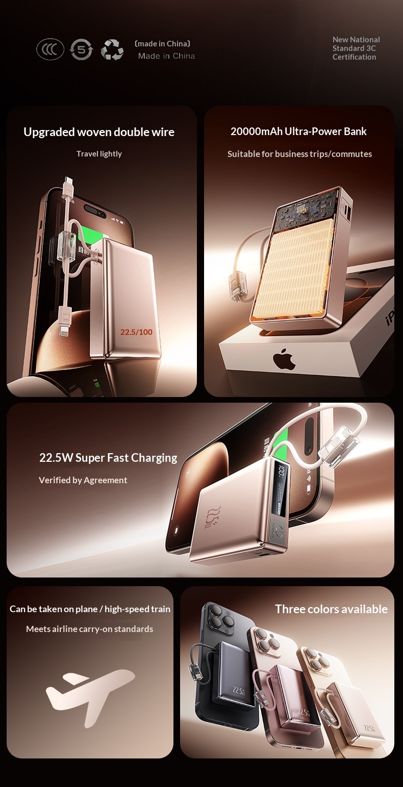 22.5W Super Fast Charging Bank With Built-in Cable Mini 20000mAh Portable Mobile Power Wholesale Customization_voghion.com