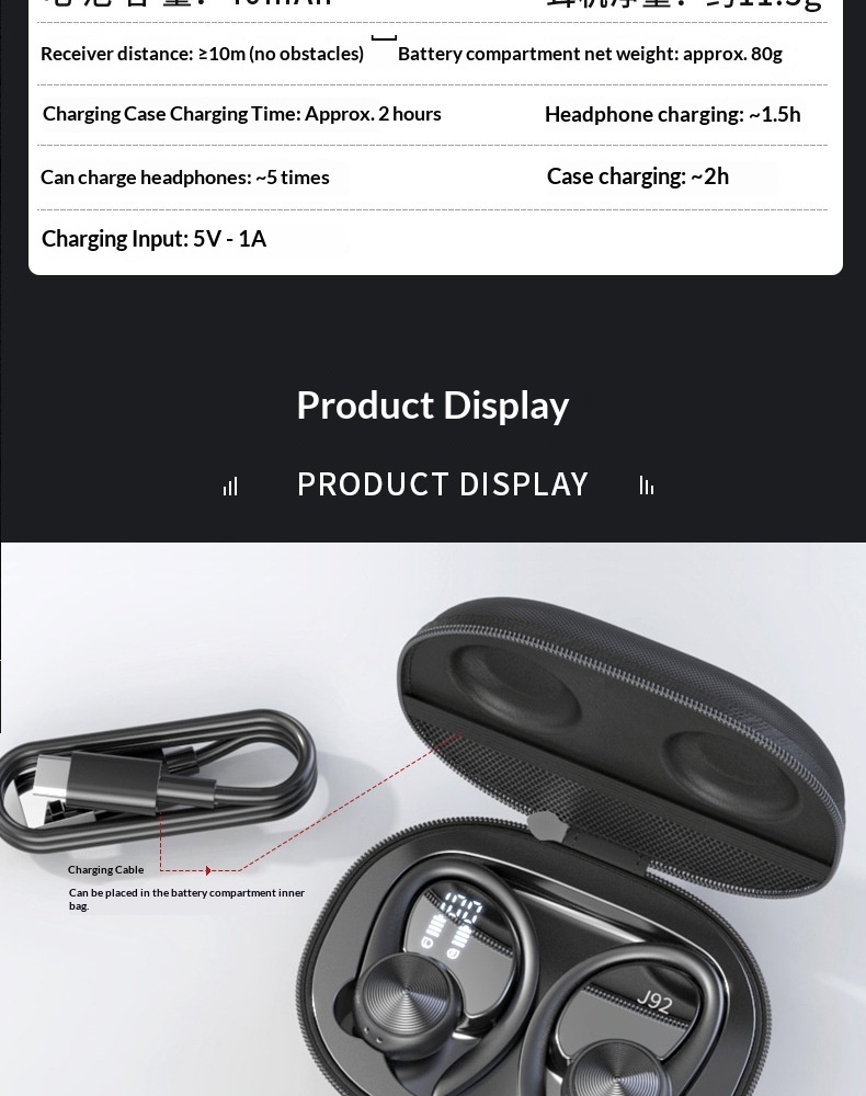 Bron Fabrikant Lever TWS Wirels Sports J92 Bluetooth Binaural Stereo Hangend Oor Digitaal Display Hardlopen_voghion.com