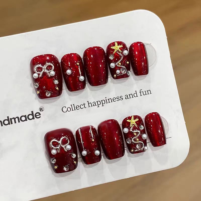 Red Battle Armor High-End Elegant Handmade Wearable Nails Christmas Scepter Stickers 2025 New Nail Art_voghion.com