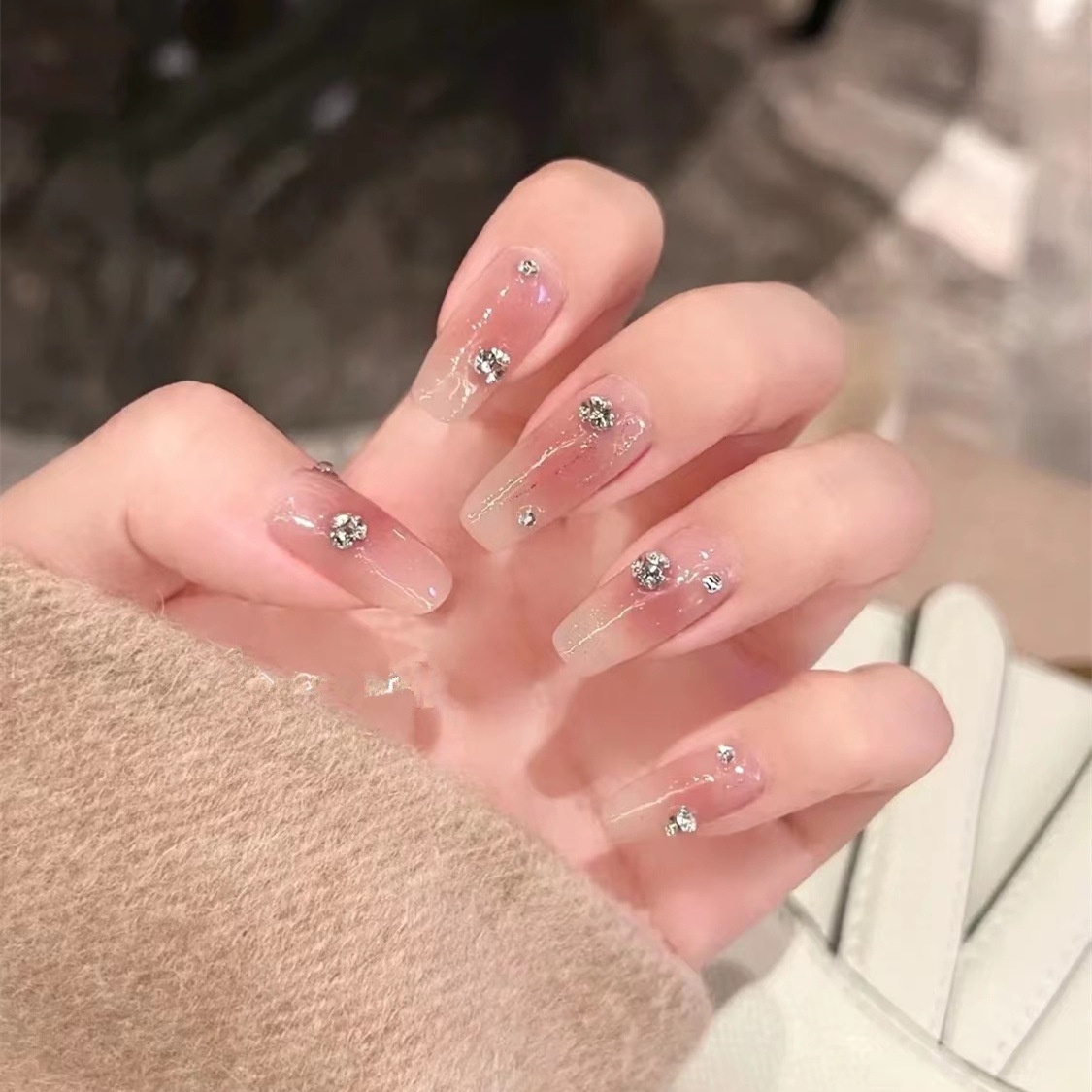Wen Jingling Same Style Wearable Sparkling Crushed Diamond Art Finished Detachable Nails Long Nail Tips Stickers_voghion.com