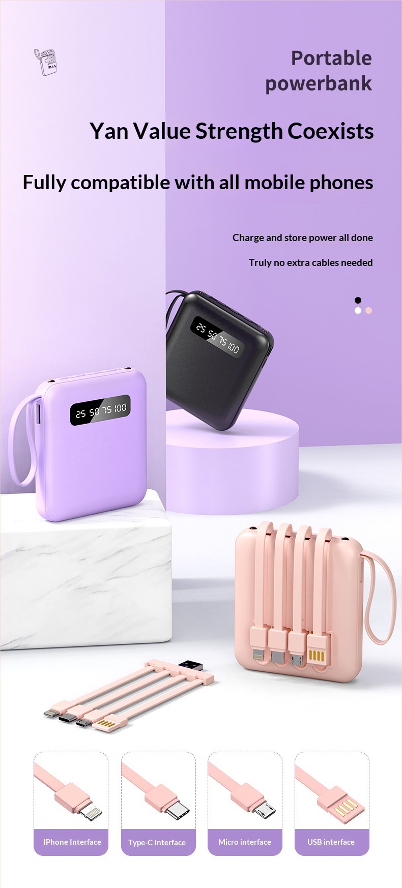 Custom Bank 20000mAh Mini Fast Charging With Cable Large Capacity Airplane Portable Mobile Power Supply_voghion.com