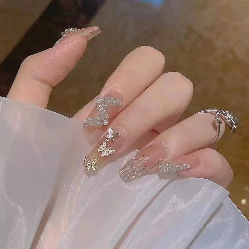Wen Jingling Same Style Wearable Sparkling Crushed Diamond Art Finished Detachable Nails Long Nail Tips Stickers_voghion.com