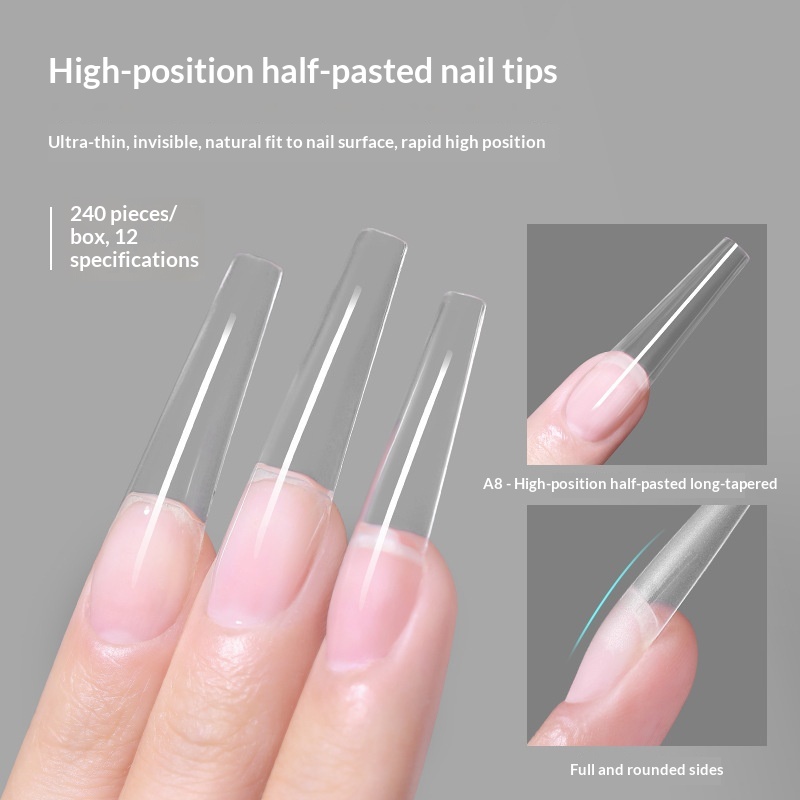 Bezszwowe, wysokopozycyjne, półprzylepne, wydłużone, ultracienkie, płaskie, trapezowe, do noszenia, długie, proste, żelowe tipsy UV_voghion.com