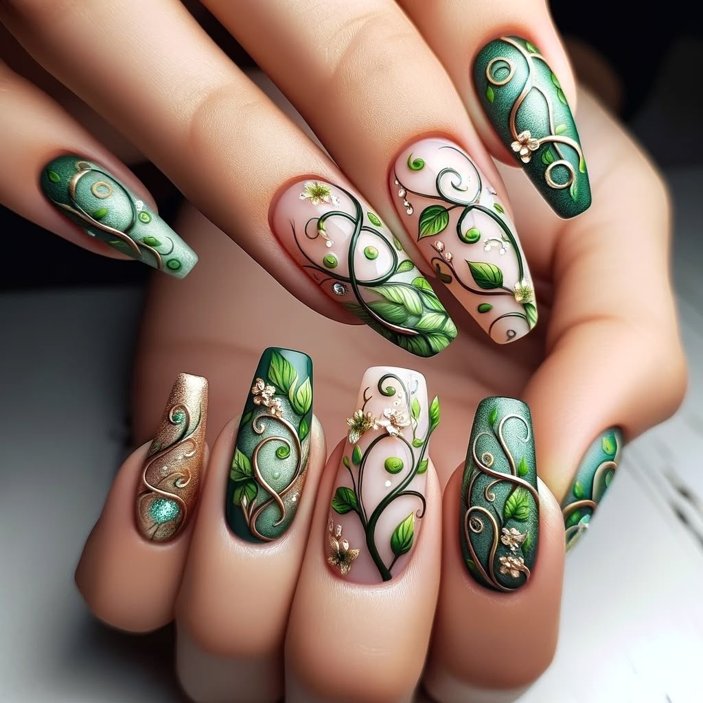 Cross-Border Hot Selling Green Vine Wearable Spring Garden Ballet Nail Stickers Nails TB-12_voghion.com